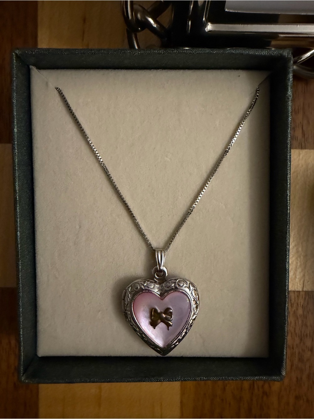 Heart Locket Necklace with Pink Enamel and Bow Accent